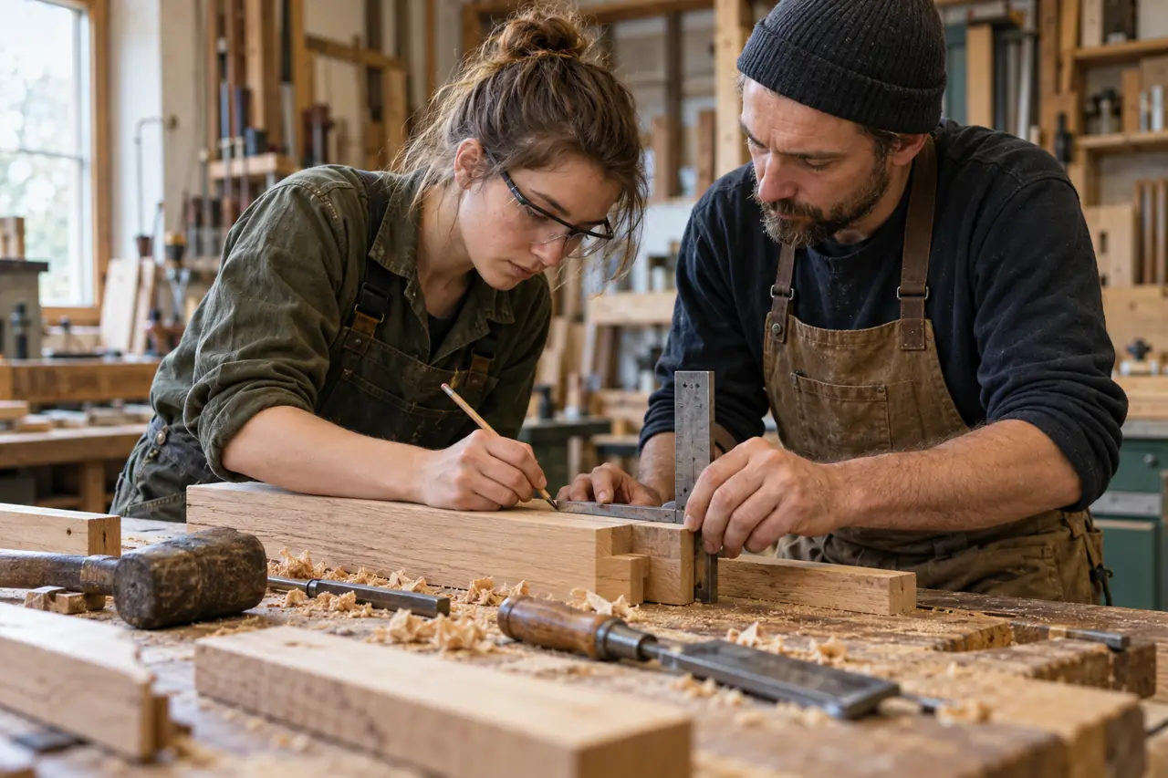 Motivbeispiel, KI-generiert: eine Arbeitssituation in der Holzwerkstatt. Kein Partnerbetrieb des Projekts.